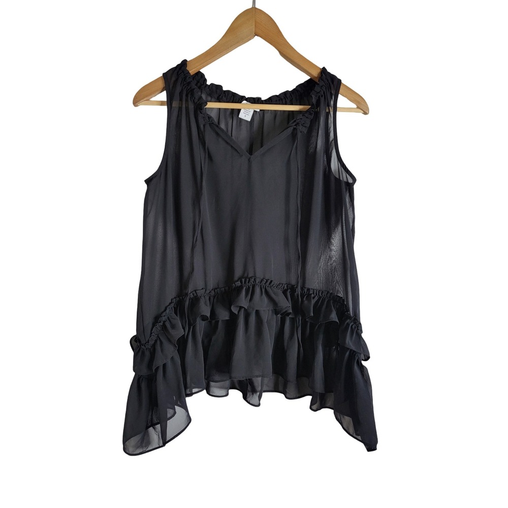 Bar III Black Ruffle Hem Sheer Chiffon Sleeveless Blouse Victorian Goth Witchy
